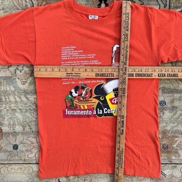 Vintage 90s Spanish Beer T-Shirt Mens S/M Gallo Cervesa Jumamento Orange - Picture 6 of 7